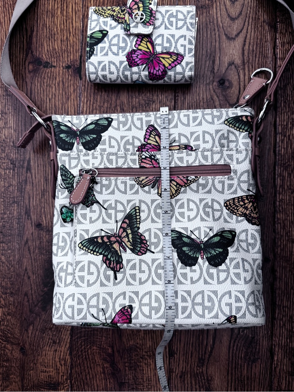 Giani Bernini White Butterfly Print Crossbody Bag Pink & Green Accents & Wallet
